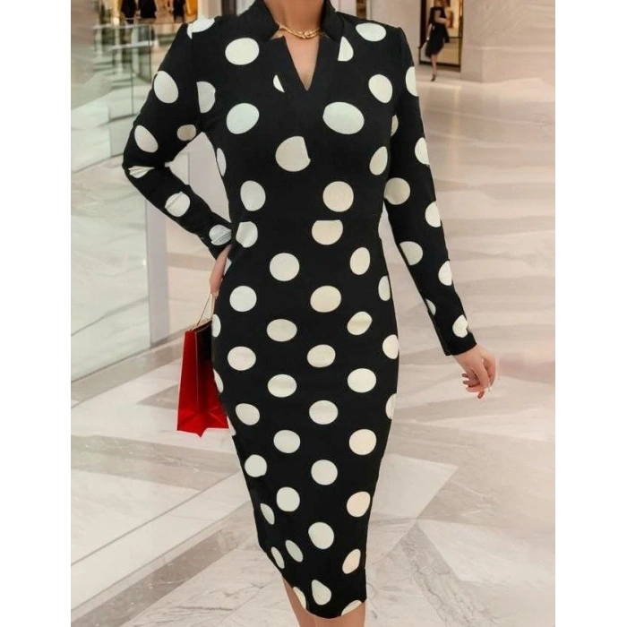 Kadın Uzun Kollu V Yaka Puantiyeli Krep Midi Boy Elbise