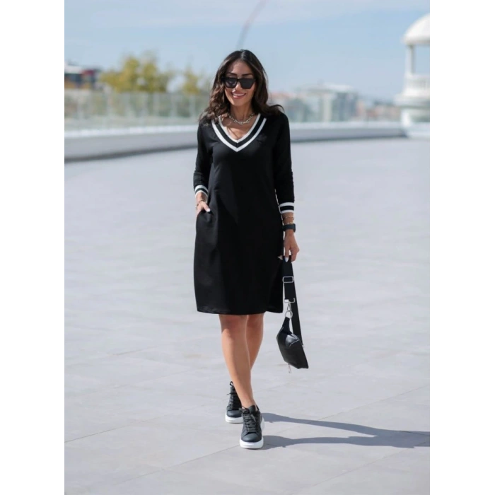 Kadın Uzun Kollu V Yaka şeritli Iki Iplik Salaş Elbise