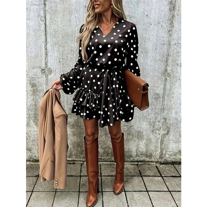Kadın Uzun Kollu V Yakalı Belden Kuşaklı Puantiyeli Mini Modal Elbise