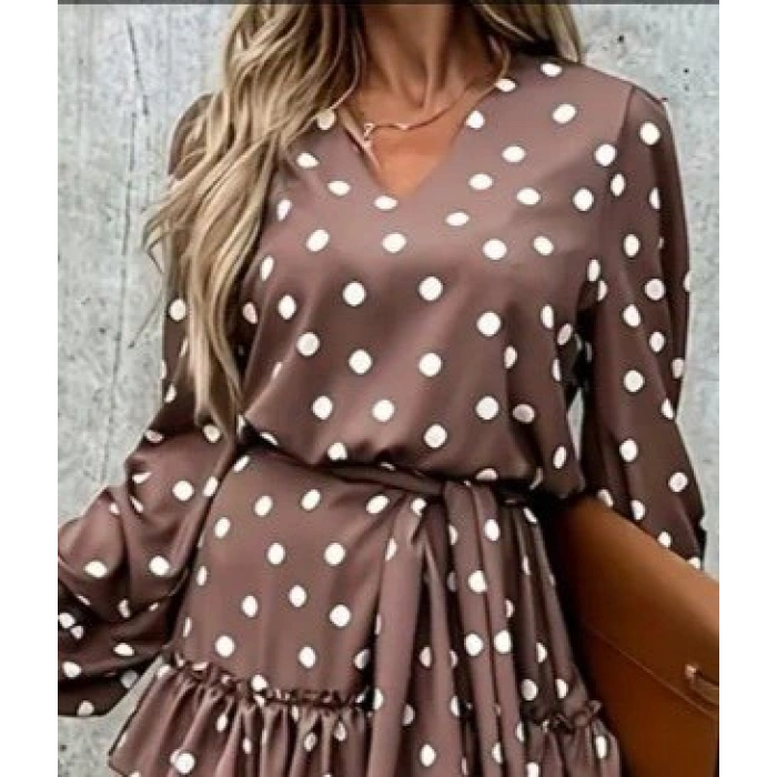 Kadın Uzun Kollu V Yakalı Belden Kuşaklı Puantiyeli Mini Modal Elbise
