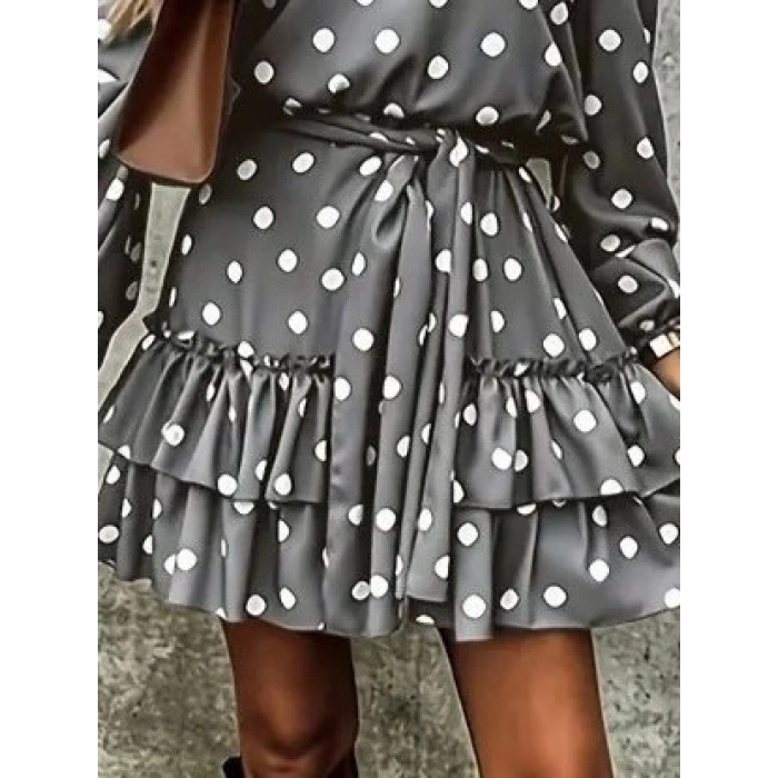 Kadın Uzun Kollu V Yakalı Belden Kuşaklı Puantiyeli Mini Modal Elbise