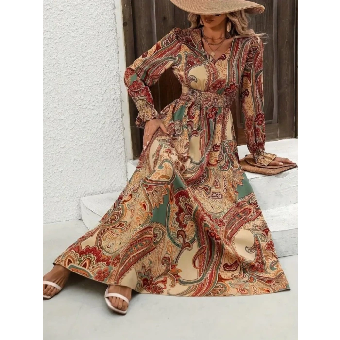 Kadın Uzun Kollu V Yakalı Beli Lastikli Desenli Süprem Elbise