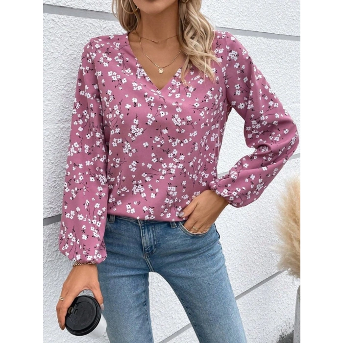 Kadın Uzun Kollu V Yakalı çiçek Desenli Modal Bluz