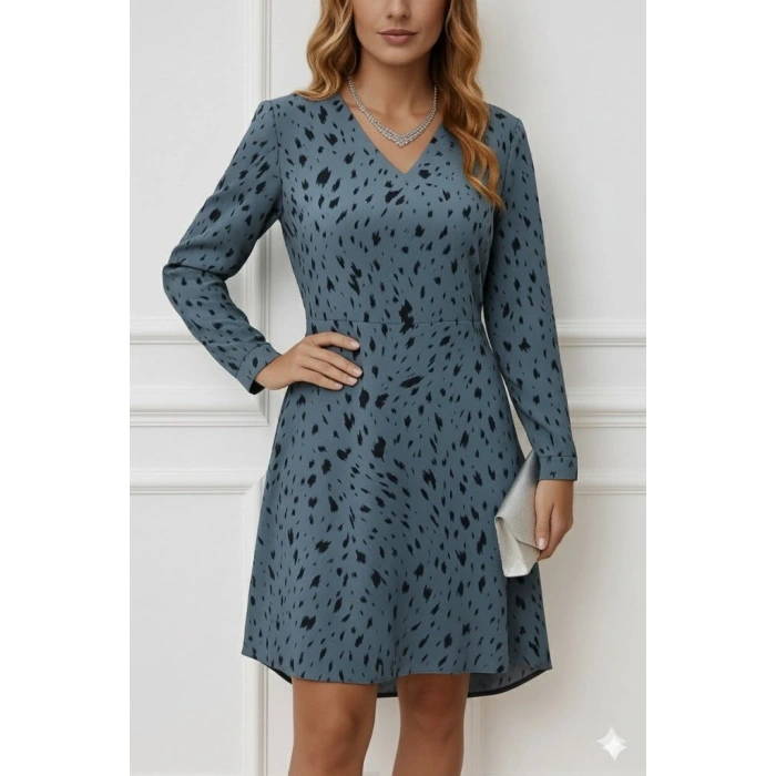 Kadın Uzun Kollu V Yakalı Desenli Kısa Keten Elbise