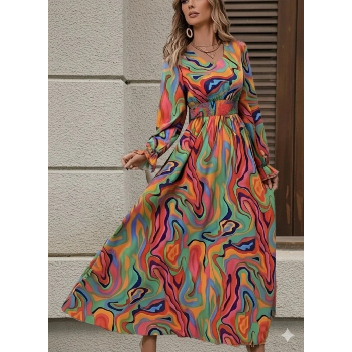 Kadın Uzun Kollu V Yakalı Desenli Maxi Süprem Elbise