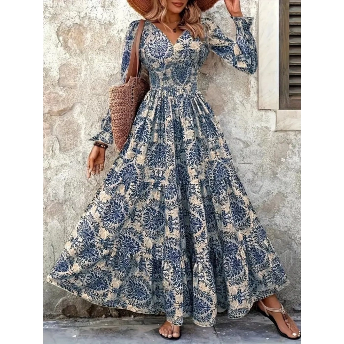 Kadın Uzun Kollu V Yakalı Desenli Süprem Elbise