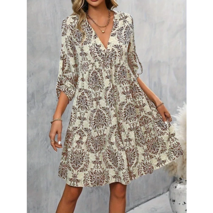 Kadın Uzun Kollu V Yakalı Fırfırlı Mini Süprem Elbise