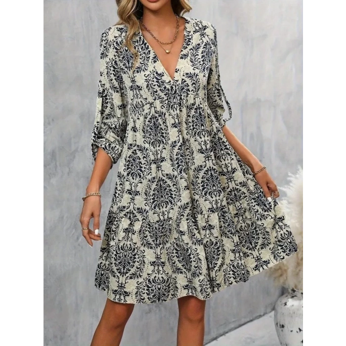 Kadın Uzun Kollu V Yakalı Fırfırlı Mini Süprem Elbise