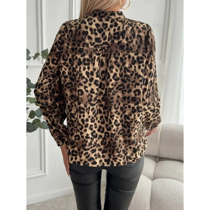 Kadın Uzun Kollu V Yakalı Modal Leopar Desenli Bluz