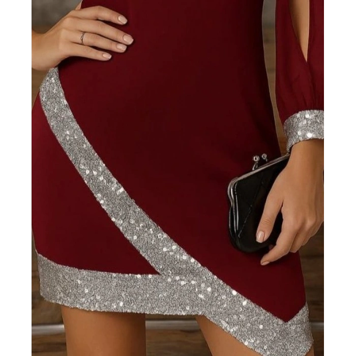 Kadın Uzun Kollu V Yakalı Pulpayetli Ithal Krep Elbise