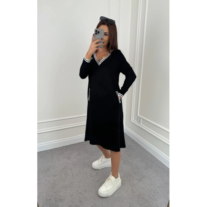 Kadın Uzun Kollu V Yakalı şerit Detaylı Cepli Midi Viskon Iki Iplik Elbise