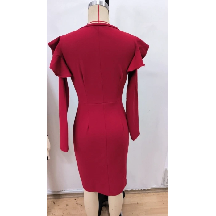 Kadın Uzun Kollu V Yakalı Yandan Yırtmaçlı Midi Ithal Krep Elbise