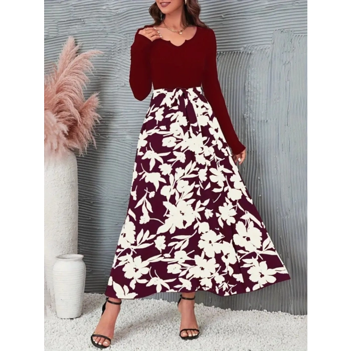 Kadın Uzun Kollu Yaka Açık üst Kaşkorse Beli Kuşaklı Alt çiçek Baskılı Dalgıç Elbise