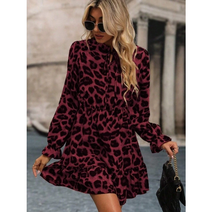 Kadın Uzun Kollu Yakadan Bağcıklı Modal Leopar Desenli Mini Elbise