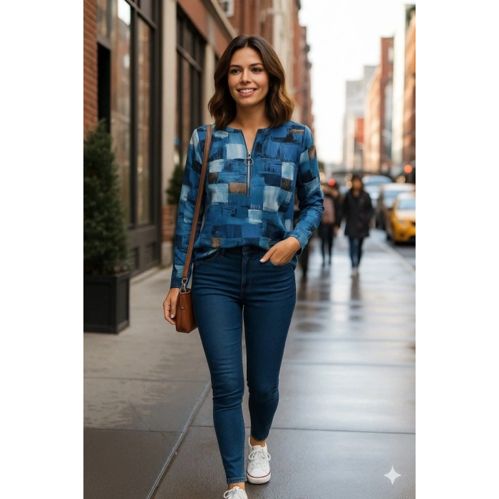 Kadın Uzun Kollu Yakadan Fermuarlı Kot Görünüm Desenli Uzun Modal Bluz