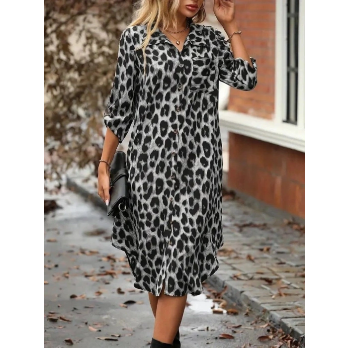 Kadın Uzun Kollu Yakalı önden Düğmeli Leopar Desenli Modal Midi Elbise