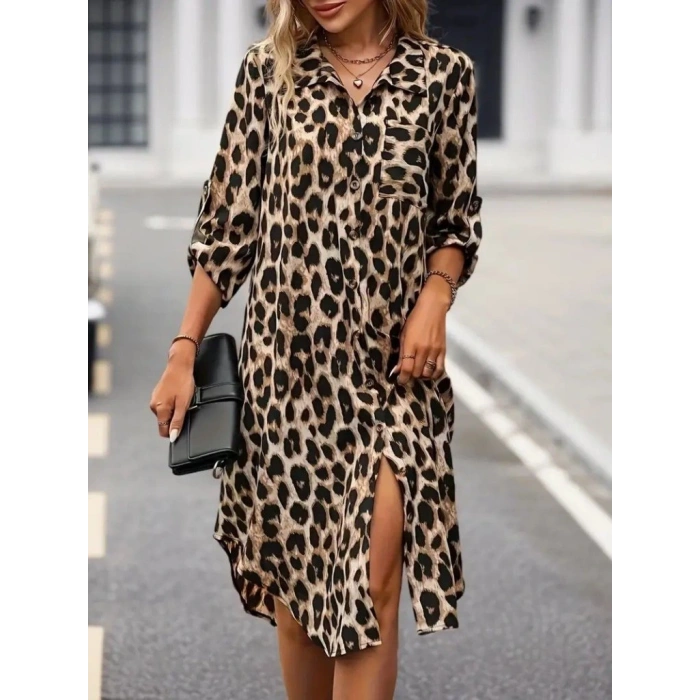 Kadın Uzun Kollu Yakalı önden Düğmeli Leopar Desenli Modal Midi Elbise