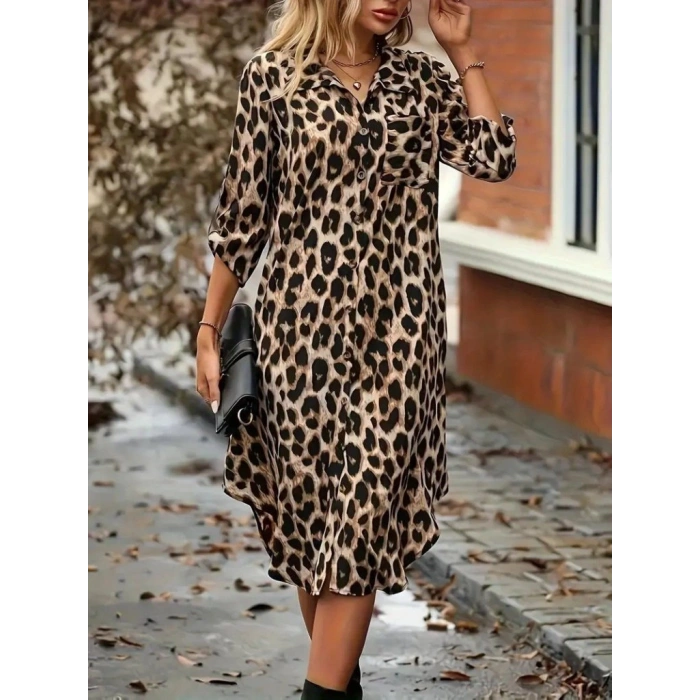 Kadın Uzun Kollu Yakalı önden Düğmeli Leopar Desenli Modal Midi Elbise