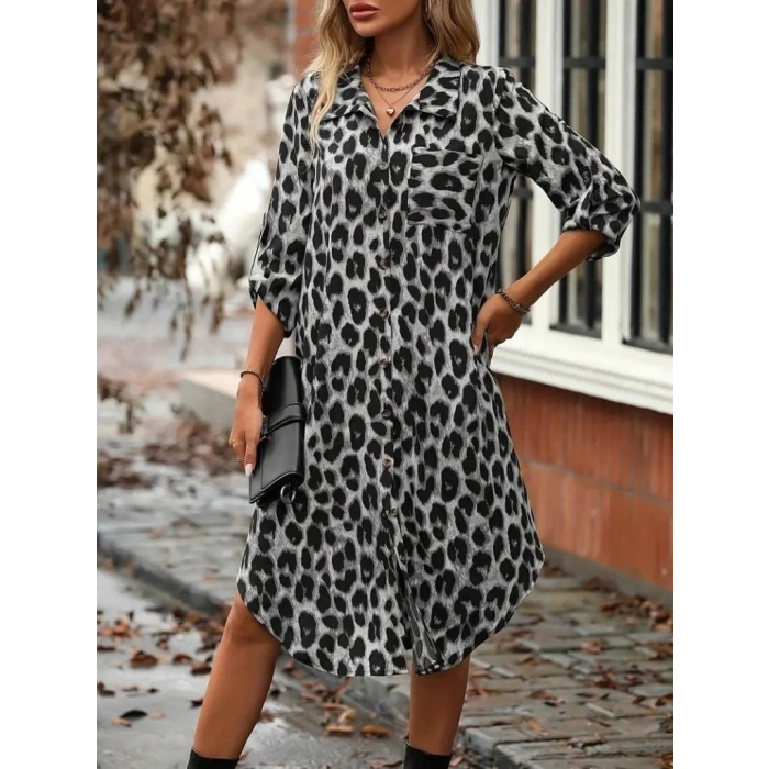 Kadın Uzun Kollu Yakalı önden Düğmeli Leopar Desenli Modal Midi Elbise
