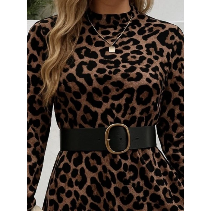 Kadın Uzun Kollu Yarı Balıkçı Yaka Leopar Desenli Kadife Elbise