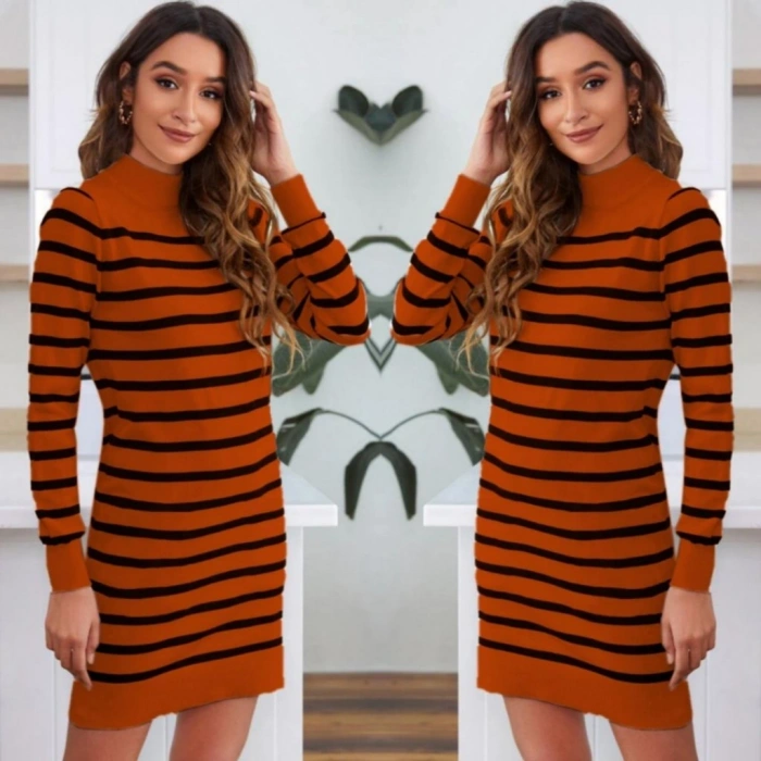 Kadın Uzun Kollu Yarım Balıkçı Yaka çizgilitriko Mini Boy Elbise (kemersiz)