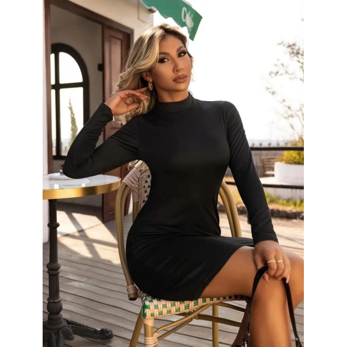 Kadın Uzun Kollu Yarım Balıkçı Yaka Viskon Elbise - 5 Lİ