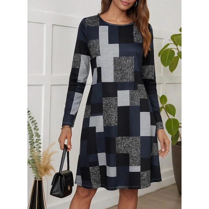 Kadın Uzun Kollu Yuvarlak Yaka Geometrik Süprem Elbise