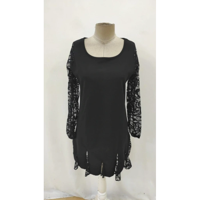 Kadın Uzun Kollu Yuvarlak Yaka Kol Ve Etek Ucu Dantelli Kısa Ithal Krep Elbise