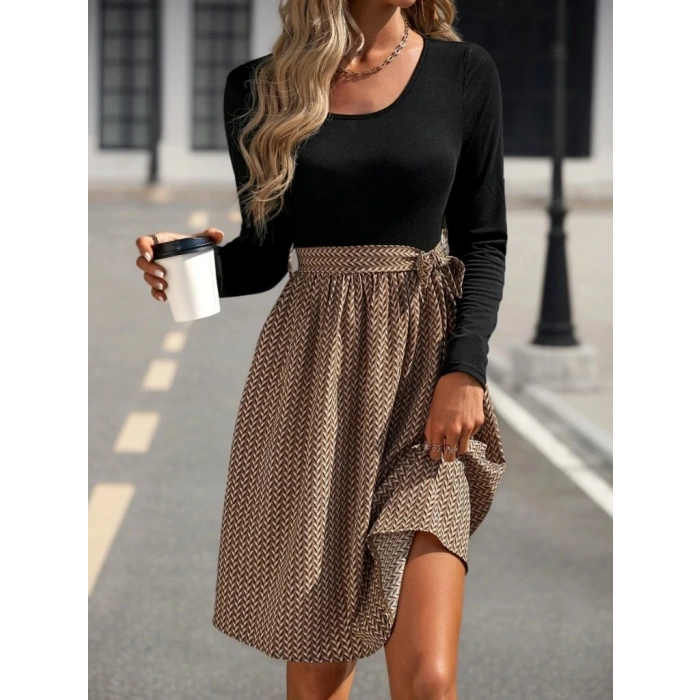 Kadın Uzun Kollu Yuvarlak Yaka üst Viskon Alt Süprem Midi Elbise