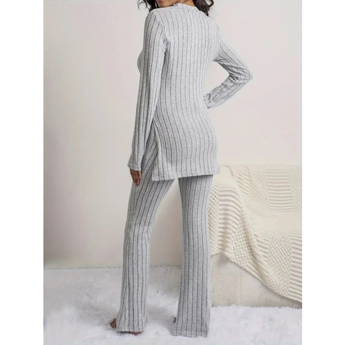 Kadın Uzun Kollu Yuvarlak Yaka Yandan Yırtmaç Detaylı şardonlu Kaşkorse Bluz Ve Pantolon Ikili Takım