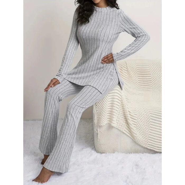 Kadın Uzun Kollu Yuvarlak Yaka Yandan Yırtmaç Detaylı şardonlu Kaşkorse Bluz Ve Pantolon Ikili Takım