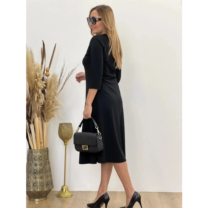 Kadın Uzun Truvakar Kol Bisiklet Yaka Midi Modal Elbise