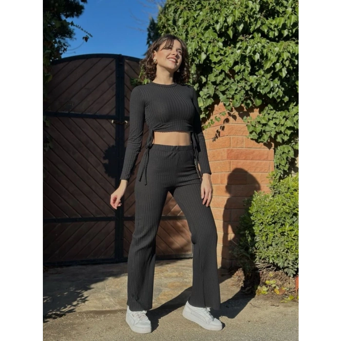 Kadın Yandan Bağlamalı Geniş Paçalı Fitil Kaşkorse İkili Takım