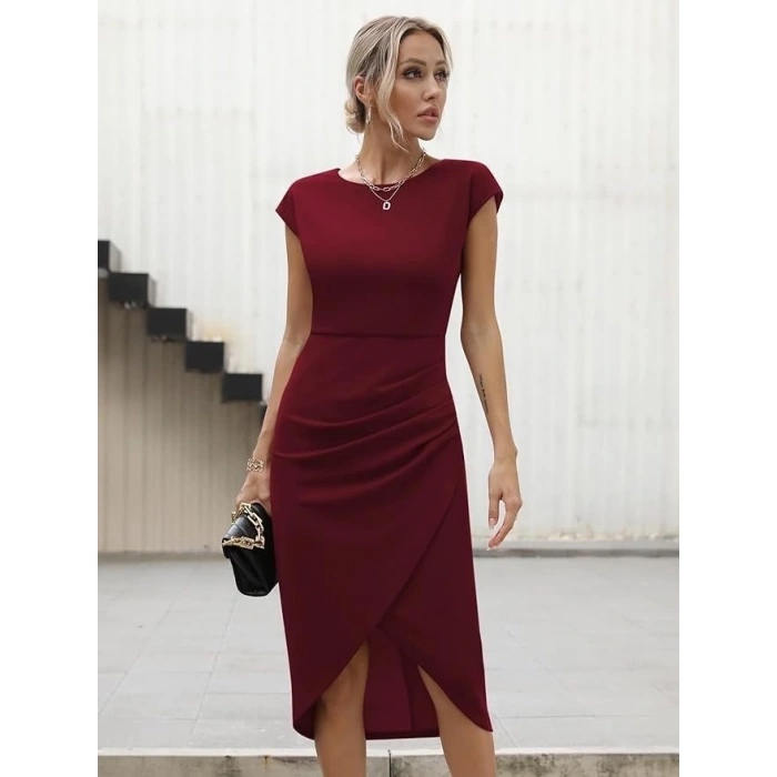 Kadın Yarım Ay Kollu Bisiklet Yaka Yandan Drapeli Ithal Krep Elbise