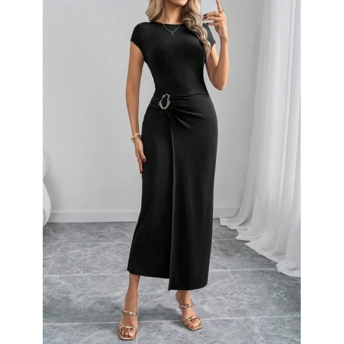 Kadın Yarım Ay Kollu Yuvarlak Yaka önünde Toka Detaylı Modal Maxi Elbise