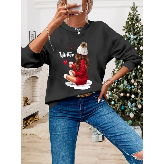 Kadın Yılbaşı Özel Uzun Kollu Bisiklet Yaka Desenli Viskon Iki Iplik Bluz