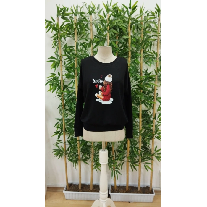 Kadın Yılbaşı Özel Uzun Kollu Bisiklet Yaka Desenli Viskon Iki Iplik Bluz