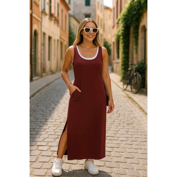 Kadın Yırtmaç Detaylı Viskon Kumaş Maxi Boy Cepli Iç Dahil Ikili Elbise