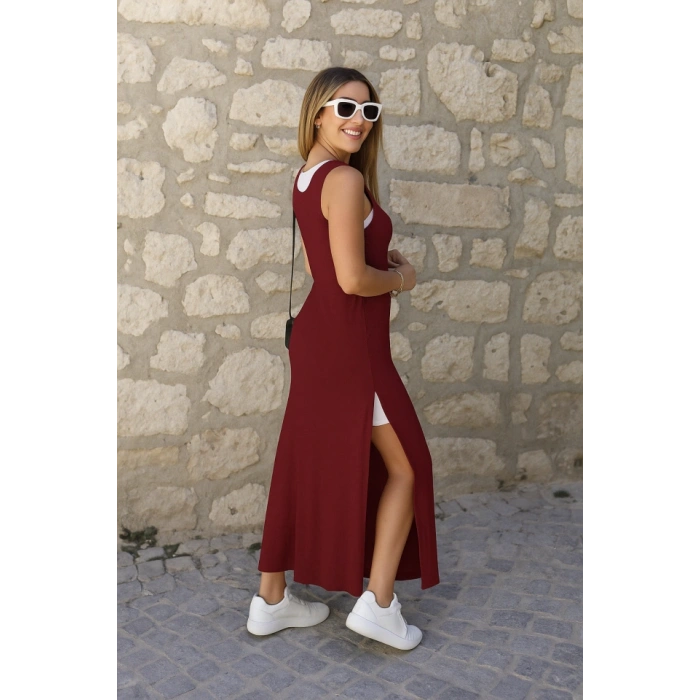 Kadın Yırtmaç Detaylı Viskon Kumaş Maxi Boy Cepli Iç Dahil Ikili Elbise