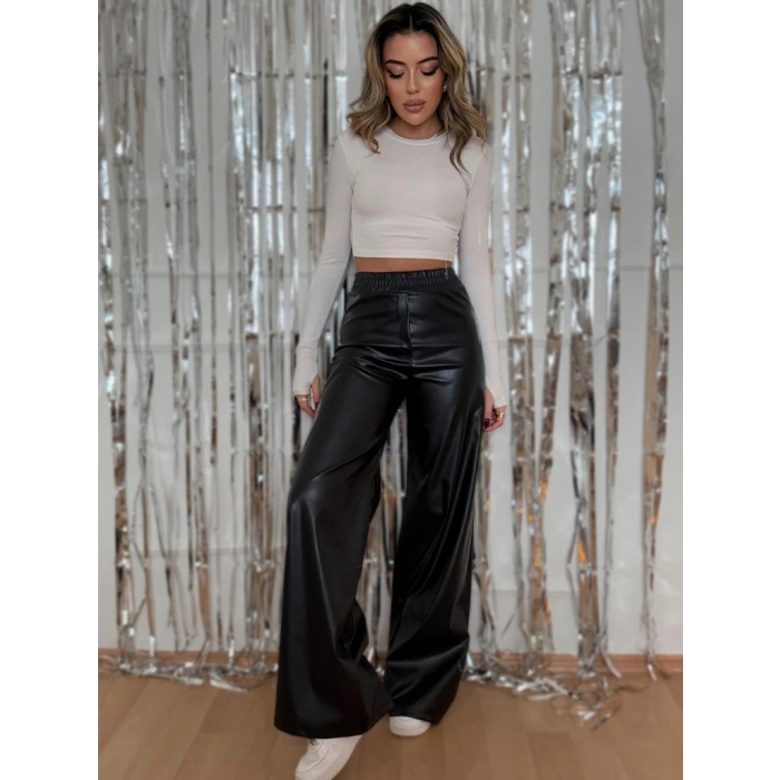 Kadın Yüksek Bel Beli Lastikli Geniş Paçalı Deri Pantolon