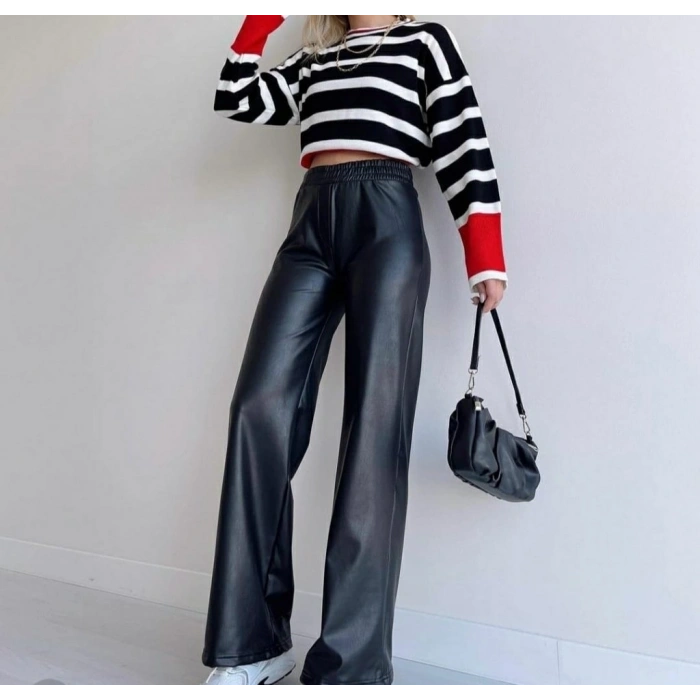 Kadın Yüksek Bel Beli Lastikli Geniş Paçalı Deri Pantolon