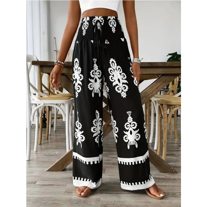 Kadın Yüksek Bel Büzgülü Etnik Desen Baskılı Süprem Pantolon