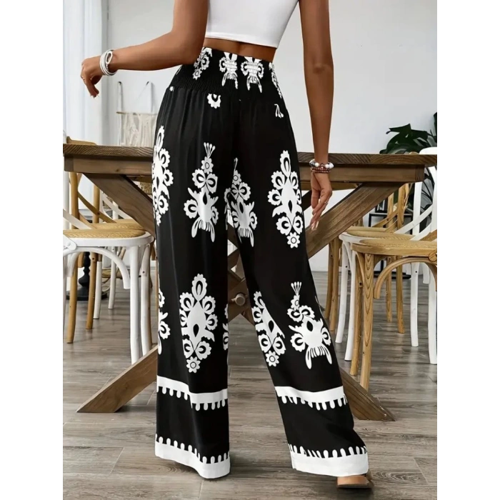 Kadın Yüksek Bel Büzgülü Etnik Desen Baskılı Süprem Pantolon