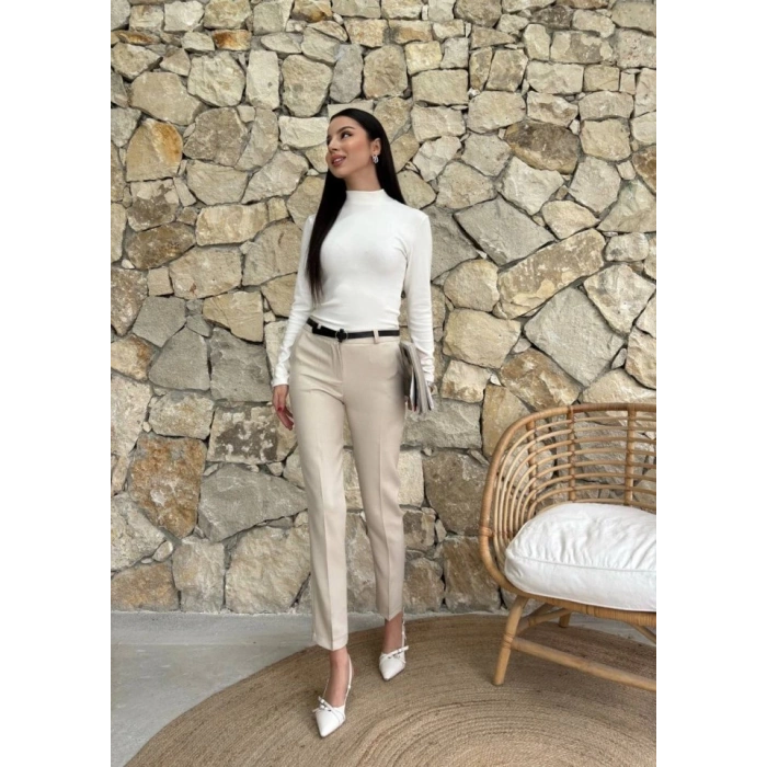 Kadın Yüksek Bel Dar Paça Kemer Dahil Kumaş Pantolon