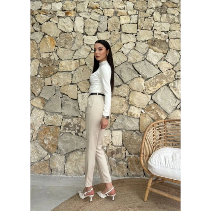 Kadın Yüksek Bel Dar Paça Kemer Dahil Kumaş Pantolon