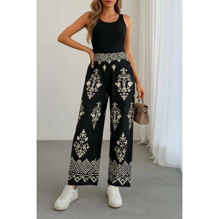 Kadın Yüksek Bel Desenli Lastikli Süprem Pantolon