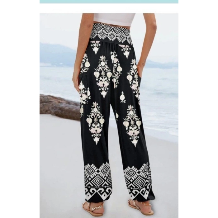 Kadın Yüksek Bel Desenli Lastikli Süprem Pantolon