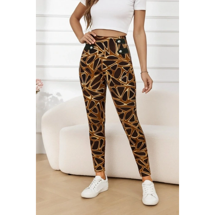 Kadın Yüksek Bel Kaz Ayağı Desenli Yan şerit Düğme Detaylı Dalgıç Pantolon