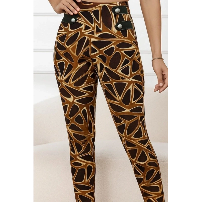 Kadın Yüksek Bel Kaz Ayağı Desenli Yan şerit Düğme Detaylı Dalgıç Pantolon