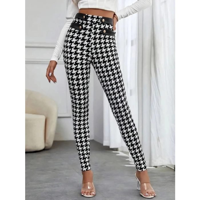 Kadın Yüksek Bel Kaz Ayağı Desenli Yan şerit Düğme Detaylı Dalgıç Pantolon